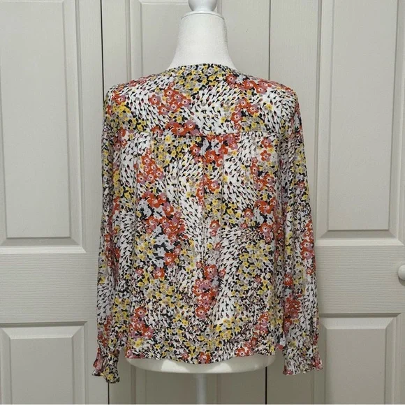 LOFT Petite Floral Split-Neck Blouse Ruffle Hem Long Sleeve Small SP - Picture 4 of 15